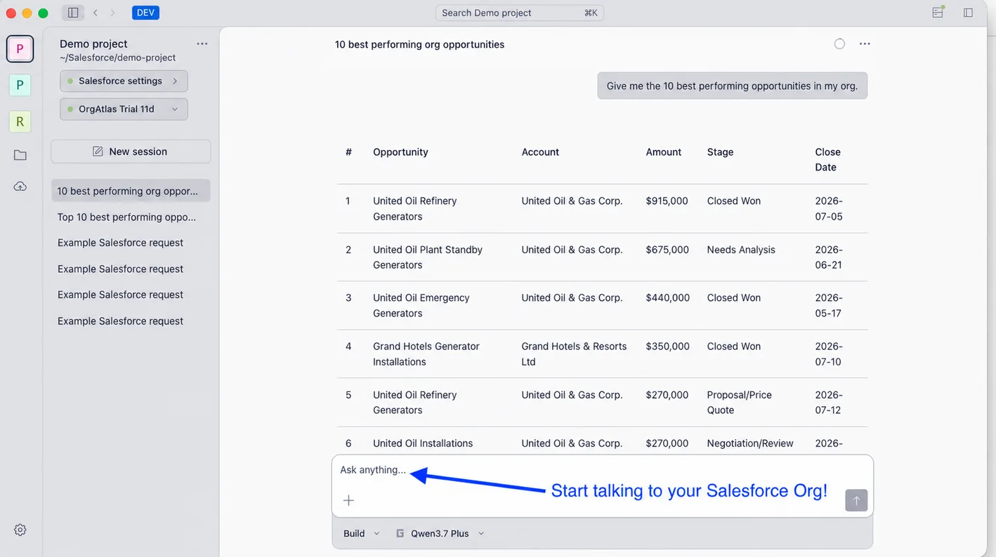 OrgAtlas desktop showing a Salesforce account query and the returned records