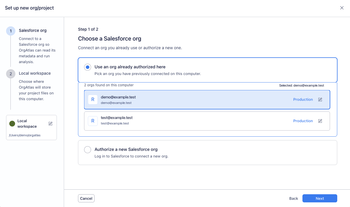 OrgAtlas setup screen for choosing a Salesforce org and local workspace folder